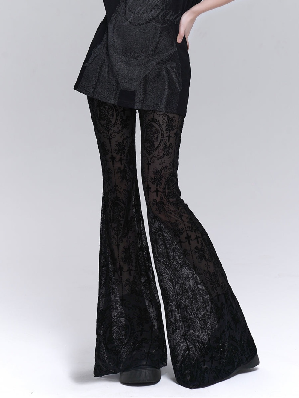 Black Gothic Victorian Mesh Flare Pants | Size M | Skull Cross